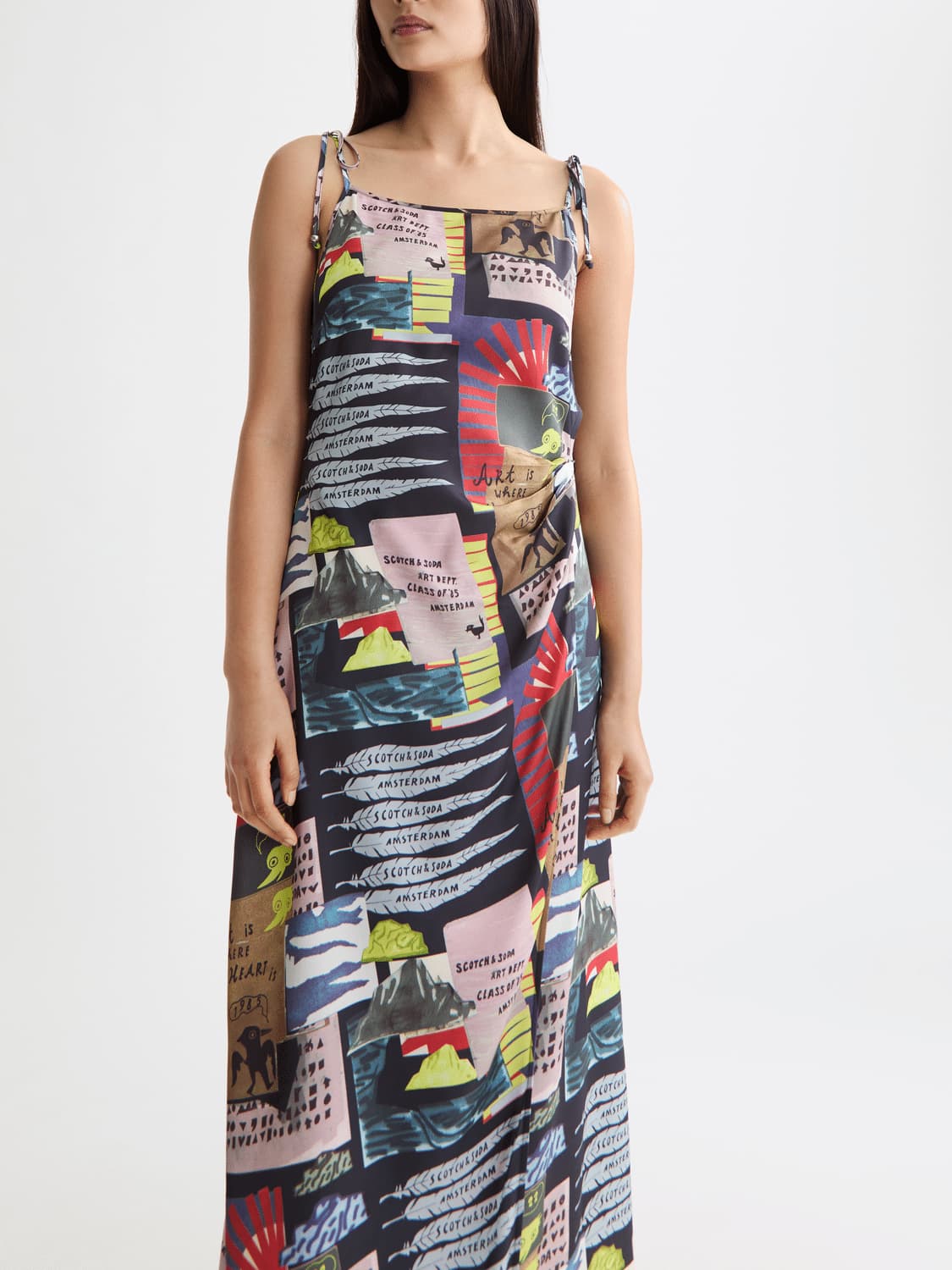Midi Slip Dress With Tied Straps And Draped Waist, view 2