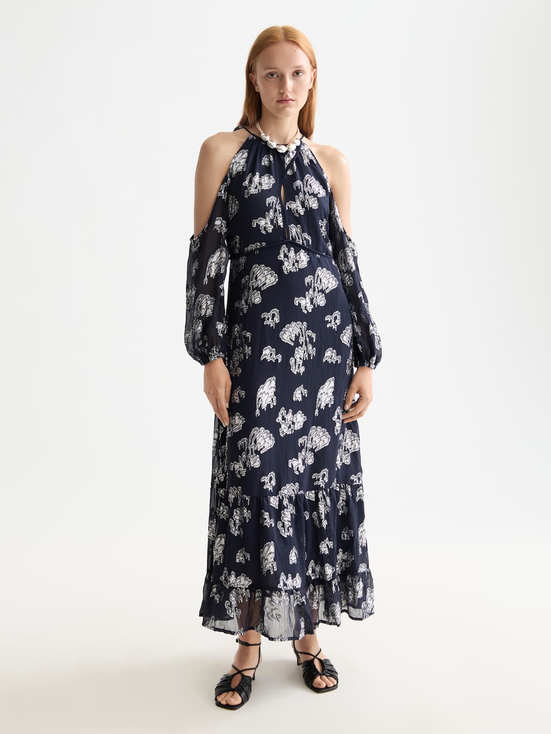 Fil Coupe Open Shoulder Maxi Dress
