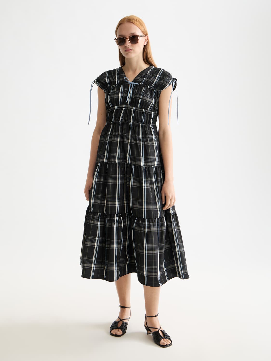 Gathered Taffeta Midi Dress With Tied Details, view 2