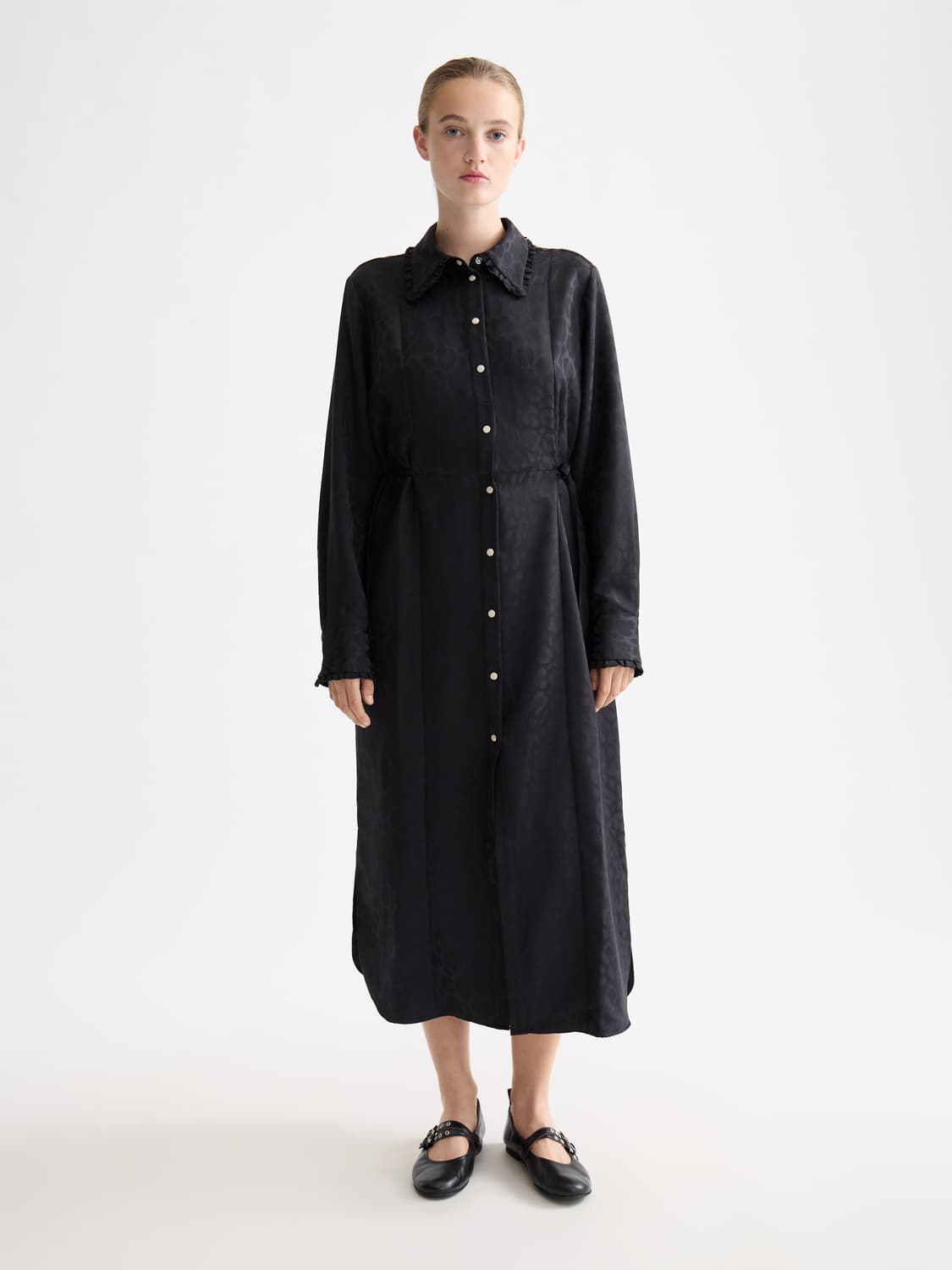 Midi Shirt Dress With Tied Waist And Ruffles, view 2